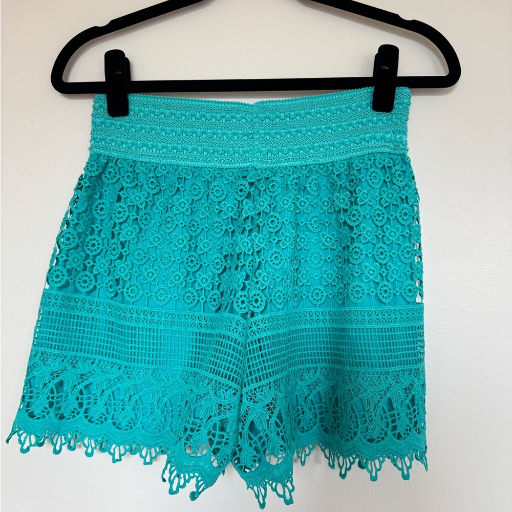 Kathy Womens Large Turquoise Knit Stretch Elastic Waist Shorts Boho Blue Crochet - Picture 2 of 9